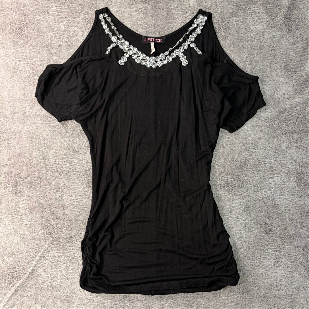 Y2k Lipstick Rhinestone Cold Shoulder Top